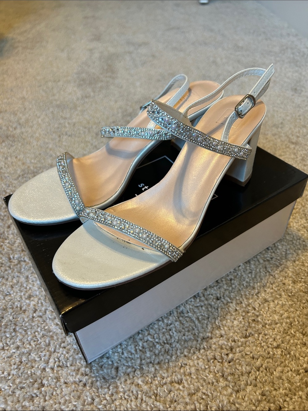 DB Studio White Rhinestone Block Heels